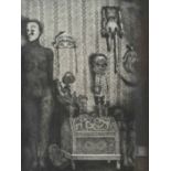 June Carey RSW (20th century) Scottish Threatening presence, a black and white print of dolls and