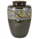 A large Royal Doulton 1930s stoneware pottery vase with olive green ground, decorated with a