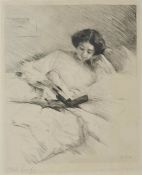 Otto Goetze (1868-1929) German Interesting chapter, signed engraving of a young lady with a book.