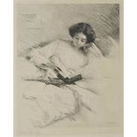 Otto Goetze (1868-1929) German Interesting chapter, signed engraving of a young lady with a book.