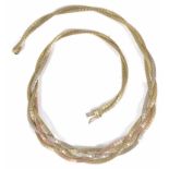 A contemporary 9ct three colour gold necklace of interwoven articulated design, the pink, yellow and