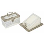 A WMF ceramic and pewter biscuit box with matching cheese dish the box of rectangular form with