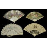 A collection of four fans including a painted feather fan with bone guard sticks decorated with