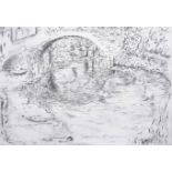Sarah Medway (20th century) British Bridge, a pencil sketch of trees and a bridge, signed and