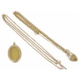 A 9ct gold flat curb link chain bracelet with heart padlock fastening, a 9ct gold hinged oval locket