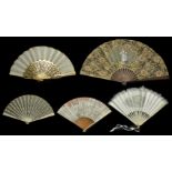 A collection of five fans including an early 19th century fan decorated with sequins, a Japanese
