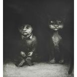Chris Salmon (20th Century) British Boy and Cat black and white etching with seated boy beside