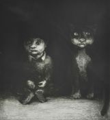 Chris Salmon (20th Century) British Boy and Cat black and white etching with seated boy beside
