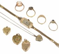 A ladies 9ct gold cased wristwatch on 9ct bracelet circa 1940, a 9ct gold heart shaped hinged locket