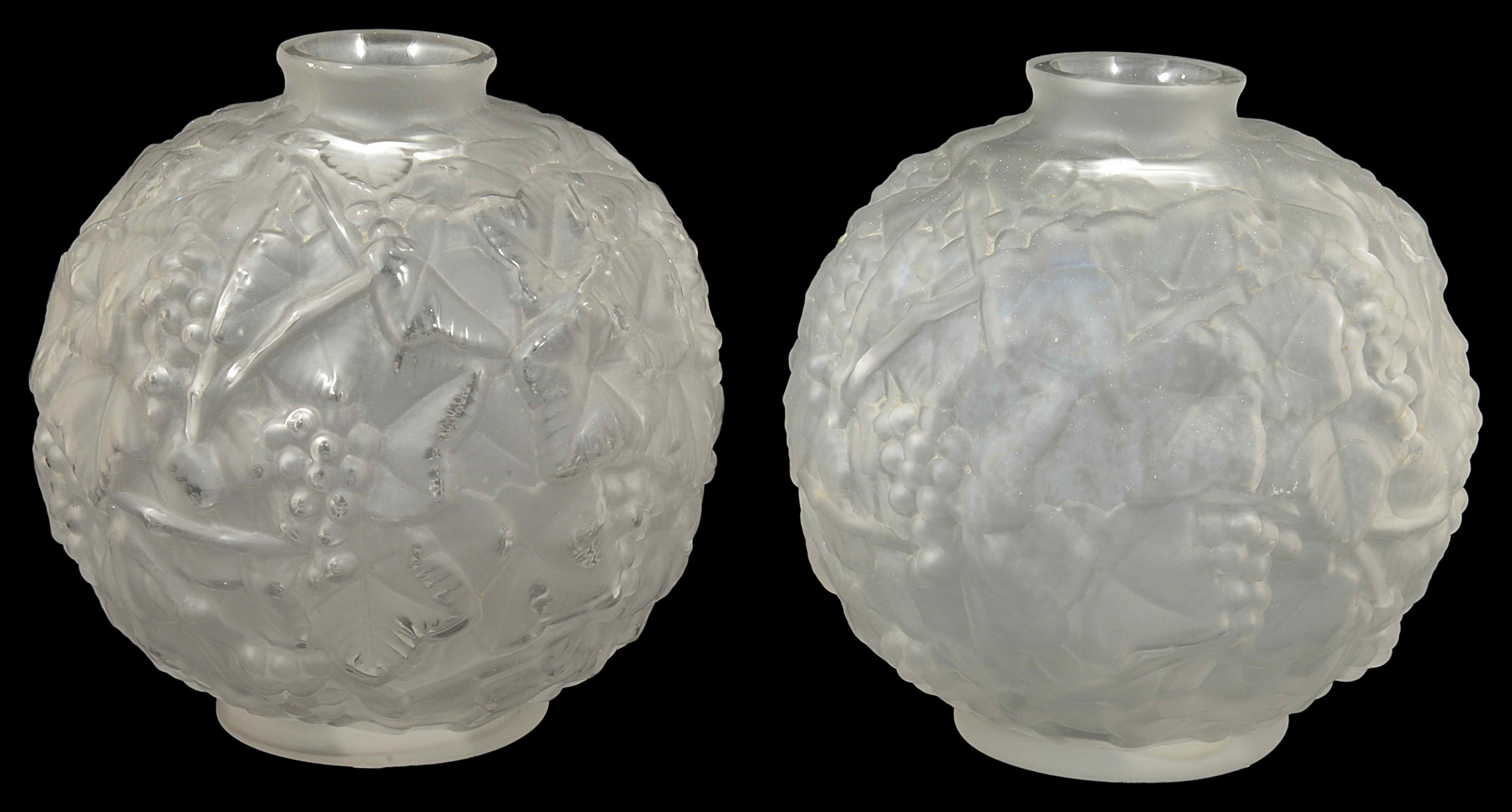 A pair of Sabino Art Deco frosted glass vases each of globular form with stylised leaf and berry