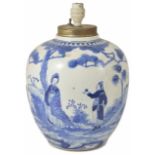 A 19th century Chinese blue and white decorated ginger jar painted in the Kang Xi style with figures