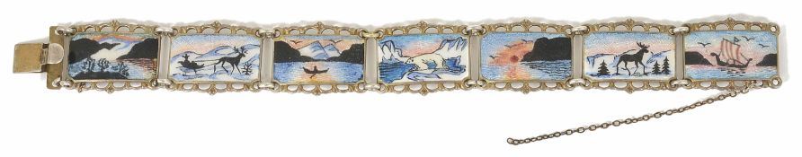 A Norwegian silver and enamel bracelet by Kristian Hestenes each panel enamelled with a different