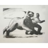 Ray Richardson (born 1964) British Get to Grips, a lithograph of a running man and dog, signed and