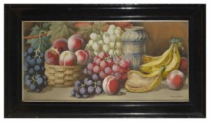 Giovanni Barbaro (British fl. 1890-1907) still life fruit and arbarello jar, signed lower right,