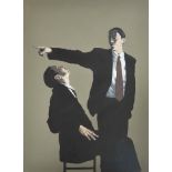 Graeme Wilcox (20th century) British, Learn to love change, acrylic, two men in suits, one seated.