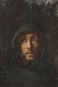 Small portrait of a hooded monk looking upward, oil on canvas,