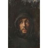 Small portrait of a hooded monk looking upward, oil on canvas,