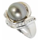 A large Tahitian grey pearl and diamond cocktail ring the white metal mount (tests for gold) with
