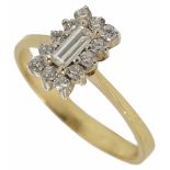 A contemporary baguette diamond cluster ring, the central baguette cut diamond surrounded by small