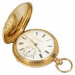 An 18ct gold full hunter pocket watch by H. J Norris of Coventry the white enamel dial with black