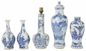 A collection of five various 19th century Chinese blue and white vases comprising a a pair of