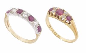 A Victorian ruby and diamond set gypsy ring, 18ct gold mount together with a seven stone gem set