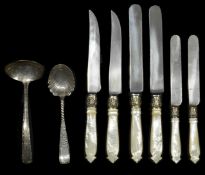 A small collection of flatware comprising three sets of knives with mother of pearl and silver