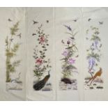 A Japanese embroidered four section panel circa 1900 each section embroidered in coloured silk floss