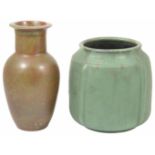 A large green Upchurch pottery vase of shouldered square form with moulded lugs in green glaze,