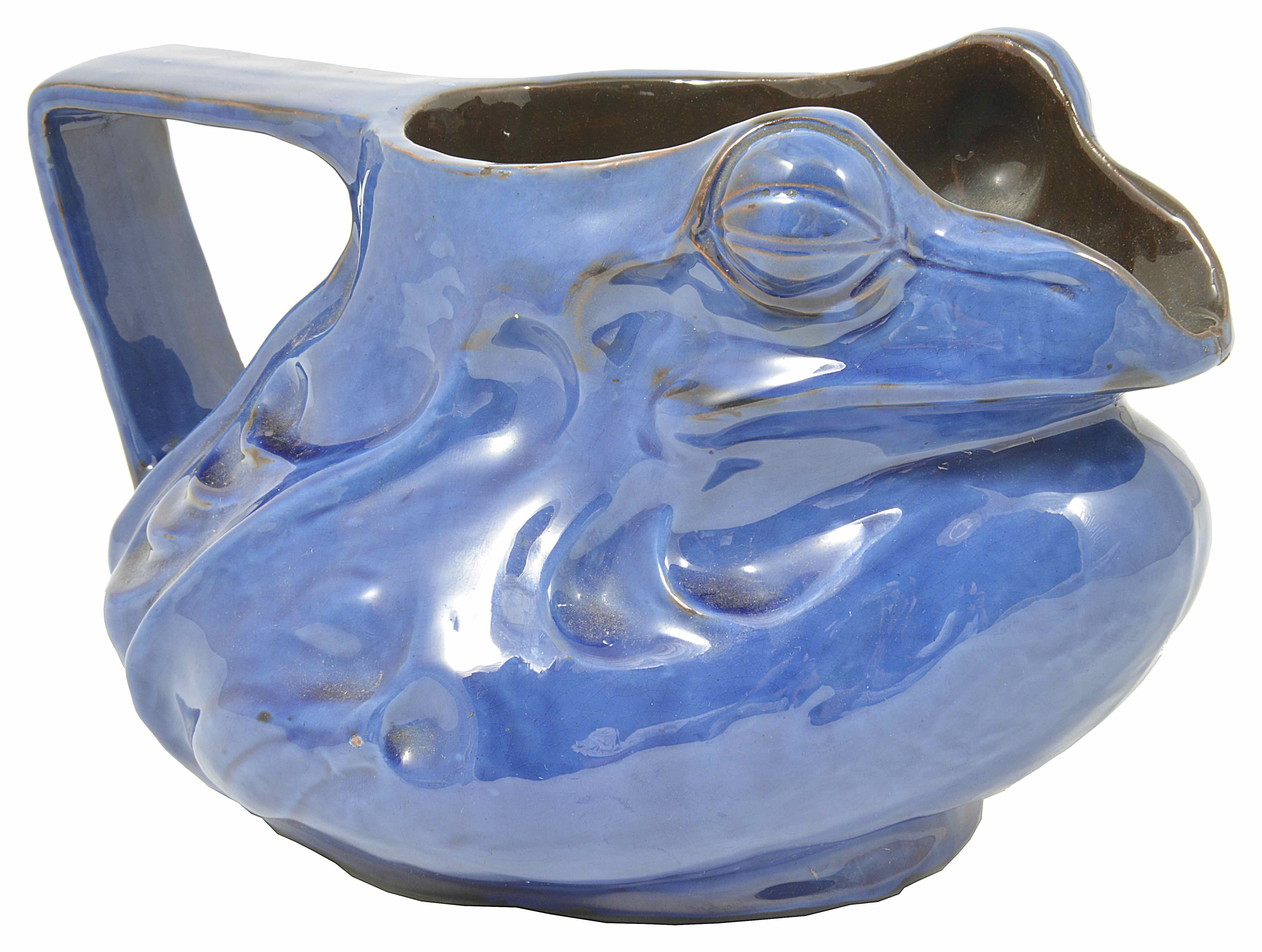 A C. H. Brannah Royal Barum majolica style pottery jug in the form of a frog royal blue glaze,