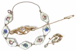An Art Nouveau 9ct gold gem set scroll pendant together with an Art Nouveau 9ct gold, opal and
