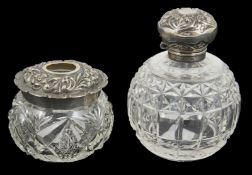A silver topped glass perfume bottle with hobnail cut body, together with with associated silver