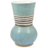Abigail Ozora Simpson a large pottery vase, of aqua colouring with horizontal banding to the centre,