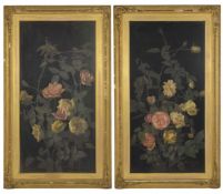 A pair of oil on panel still life scenes of yellow and pink roses, signed and dated '76 lower