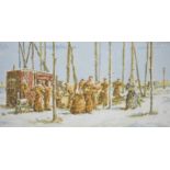 Joseph Davie (20th century) Watercolour of figures merrymaking in the snow. Signed, framed. Together