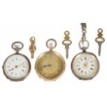 A continental 14K gold cased ladies fob watch the gilt dial with Roman chapter ring, a silver