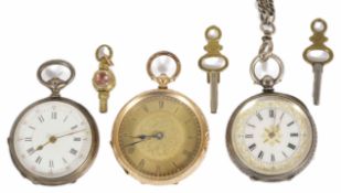 A continental 14K gold cased ladies fob watch the gilt dial with Roman chapter ring, a silver