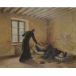 'The wounded Soldier', oil on canvas of a padre tending a wounded soldier, initialled lower right