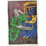 Adrian Wiszniewski The Raven, a coloured print of a man seated at a piano with a raven, signed and