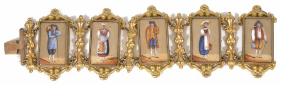 A Victorian Italian 'Grand Tour" souvenir porcelain painted figural panel bracelet, each panel