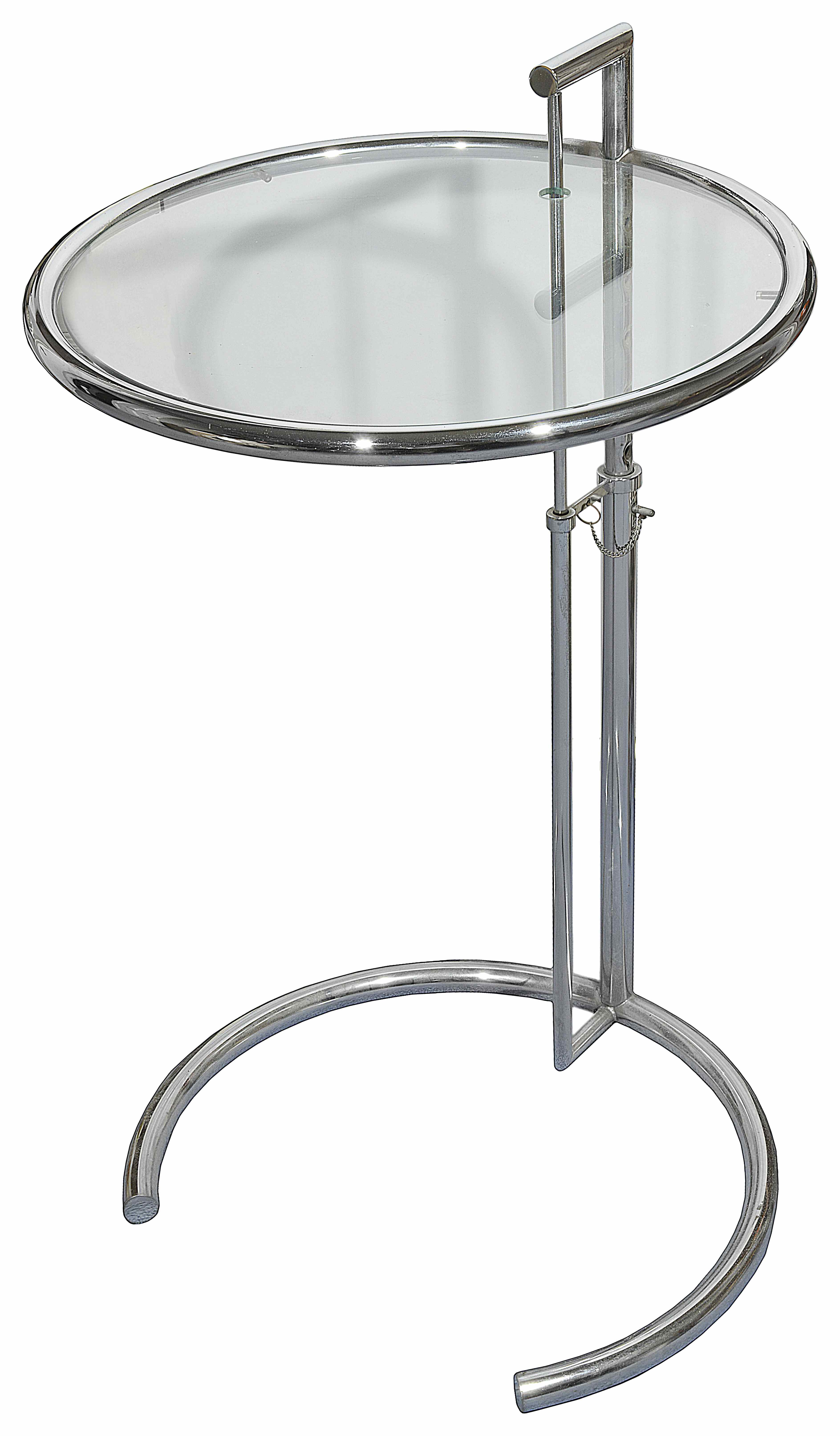 An Eileen Gray style adjustable chrome and glass table the table top of circular form with