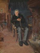 English School, 19th century, oil on canvas 'Old soldier with medals seated by an open hearth',