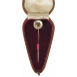 An Edwardian reverse carved and painted Essex crystal stick pin depicting a foxes head with tongue