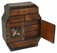 A Japanese marquetry inlaid miniature cabinet circa 1900 with large drawer to base and twin doors