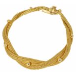 A Continental yellow metal bracelet of mesh strap and ball decorated twist design, push clasp