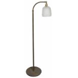 A brass plated telescopic reading lamp with adjustable fitting and frosted glass shade height