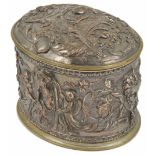 A gilt metal silver plated Continental tea caddy of oval form decorated with a band of figural