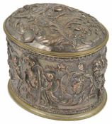 A gilt metal silver plated Continental tea caddy of oval form decorated with a band of figural