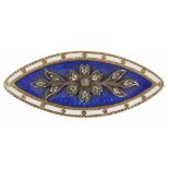 A delicate Georgian rose diamond and enamel marquis shaped memorial brooch the blue enamel centre