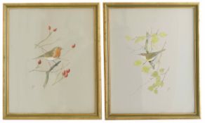 K.J Wood (British) A pair of watercolours of birds one depicting a robin on a rose hip branch, the